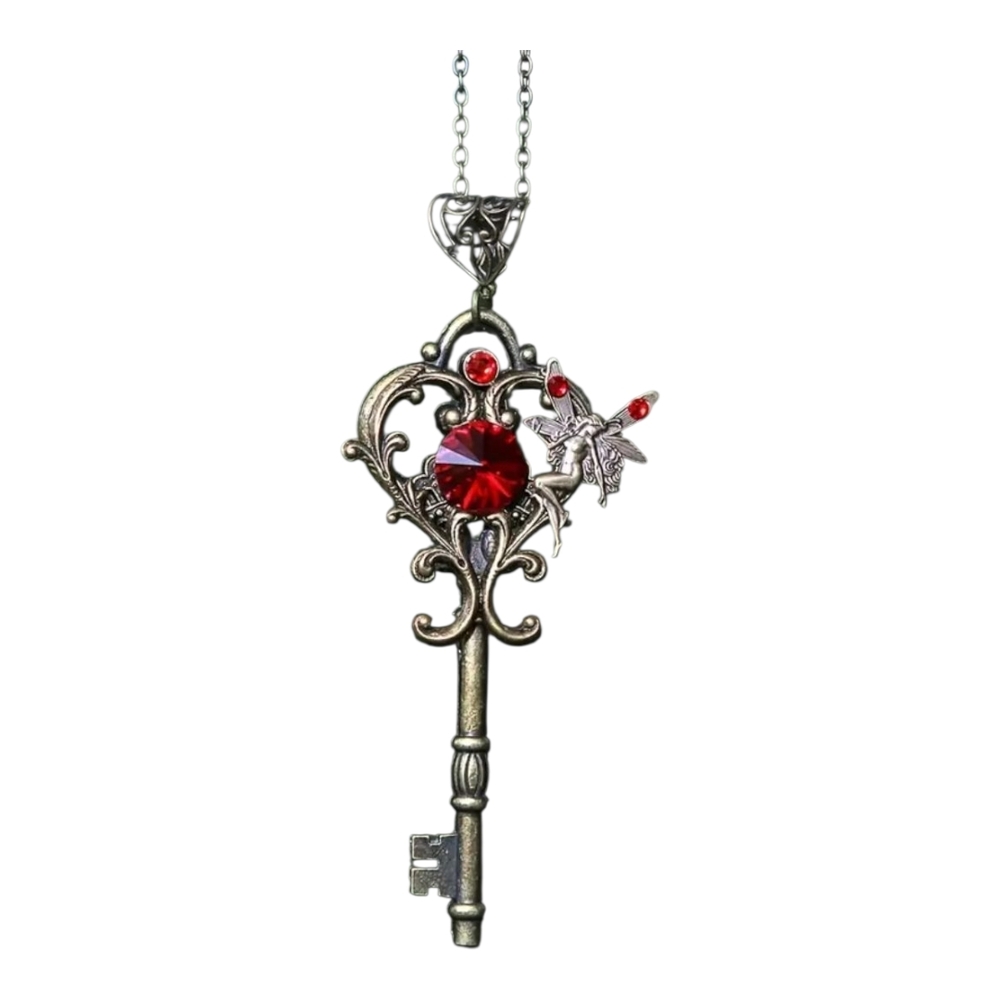 Vintage Style Key Pendant Necklace with Red Gem